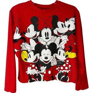 DISNEY Mickey & Minnie Mouse Print Cropped Long Sleeves Tee Red Youth L Adult S